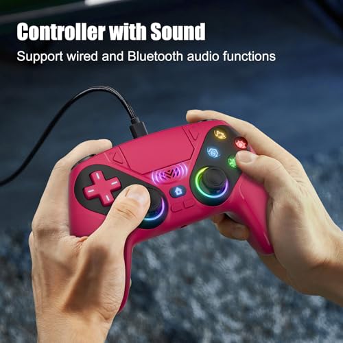 Dinosoo RGB Wireless Gamepad for PS5/PC/Mobile – Bluetooth Controller with Turbo, Macro, Dual Vibration, 6-Axis Gyro, Audio Jack, Speaker, 1000mAh Battery (Red) - color: Red