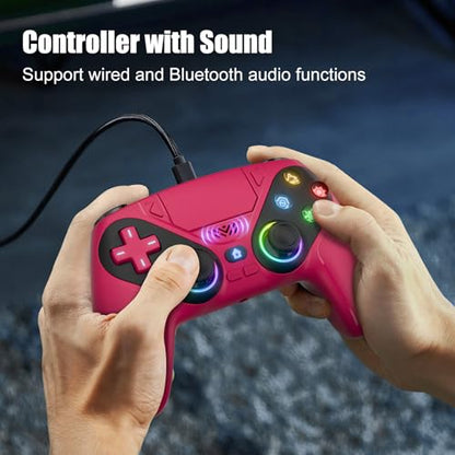Dinosoo RGB Wireless Gamepad for PS5/PC/Mobile – Bluetooth Controller with Turbo, Macro, Dual Vibration, 6-Axis Gyro, Audio Jack, Speaker, 1000mAh Battery (Red) - color: Red