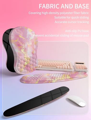 Hokafenle 2in1 Combination, Wave Keyboard Wrist Rest and Ergonomic Curvature Mouse Pad Wrist Support for Relieve Wrist Pain, Filled with Soft Cushion Memory Foam, Golden Pink Marble - color: Golden Pink Marble