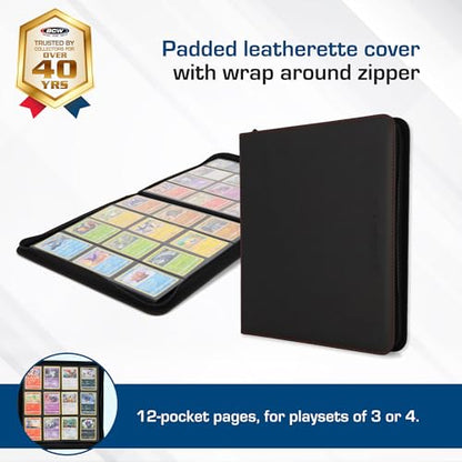 BCW 12-Pocket Zipper-Folio LX Trading Card Binder (Black) | Card Collection Binder with 480 Card Capacity | Archival Safe Pages | Secure Wrap-Around Zipper | Pocket Trading Card Holder Album - color: Black
