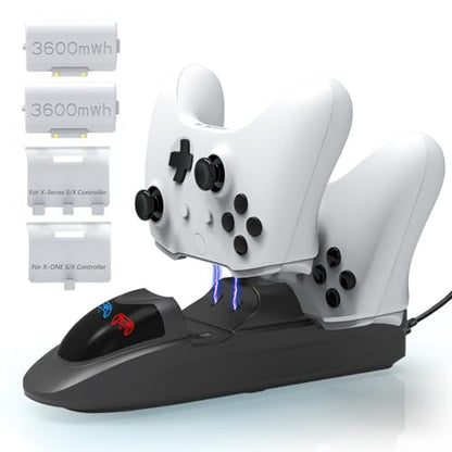 Controller Charger Station,Charger with 2 Packs 3600mWh Rechargeable Battery for Xbox One/Xbox Series X/S Controller,Dual Charging Dock with 4 Battery Covers for Xbox(White)