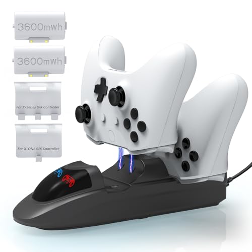 Controller Charger Station,Charger with 2 Packs 3600mWh Rechargeable Battery for Xbox One/Xbox Series X/S Controller,Dual Charging Dock with 4 Battery Covers for Xbox(White)