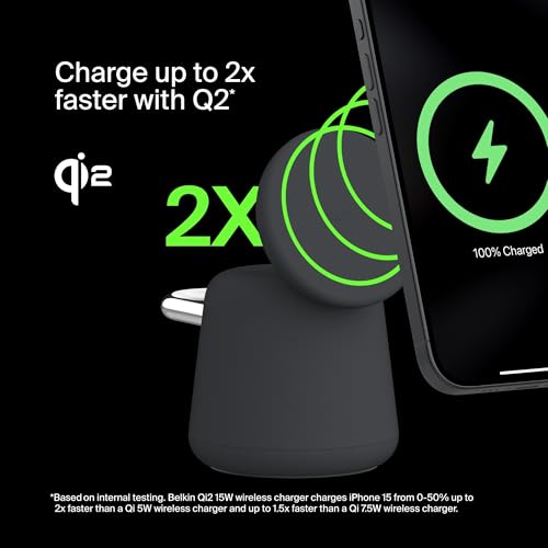 Belkin Qi2 15W Wireless Charging Dock, 2 in 1 Fast iPhone Charger | iPhone 17/16/15/14/13, AirPods, Qi2-enabled devices compatible, power adapter included, desk dock - color: Black, style: Latest Gen