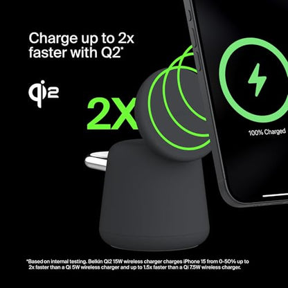 Belkin Qi2 15W Wireless Charging Dock, 2 in 1 Fast iPhone Charger | iPhone 17/16/15/14/13, AirPods, Qi2-enabled devices compatible, power adapter included, desk dock - color: Black, style: Latest Gen