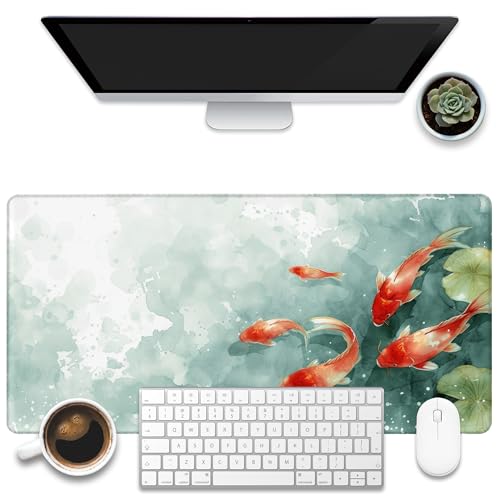 Desk Pad, Watercolor Koi Fish Desk Mat, Koi Fish in Pond Large Gaming Mouse Pad, 31.5"x15.7" Extended Big Computer Keyboard Mouse Pad with Non-Slip Base and Stitched Edge - color: Watercolor Koi Fish