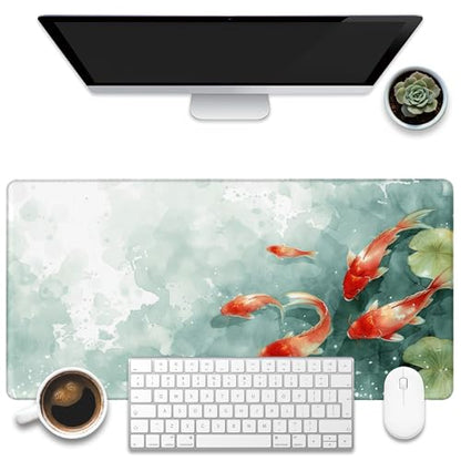 Desk Pad, Watercolor Koi Fish Desk Mat, Koi Fish in Pond Large Gaming Mouse Pad, 31.5"x15.7" Extended Big Computer Keyboard Mouse Pad with Non-Slip Base and Stitched Edge - color: Watercolor Koi Fish