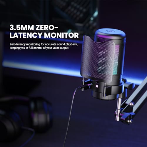 USB Gaming Microphone Kit, RGB Condenser Mic with Mute, Gain, Monitoring Adjustable Boom Arm Stand, Pop Filter, for Streaming, Podcasting, PC Gaming, YouTube, Compatible with PS4/PS5/Windows/Mac
