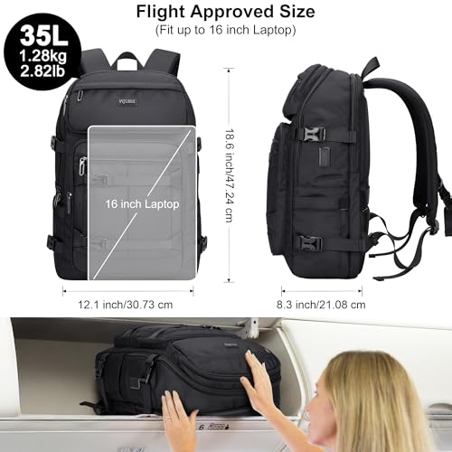 PIJUSHI Casual Travel Backpack for Women with 16" Padded Laptop Compartment | Carry On Luggage with USB Charging Port, 1680D Water-Resistant Nylon, Airline Approved, For Daily, Hiking - color: Black