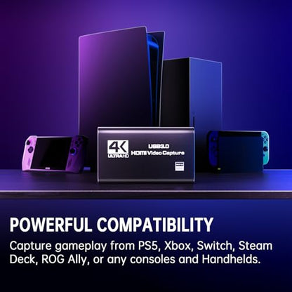 4K HDMI Capture Card for Streaming, Full HD 1080P 60FPS Capture USB 3.0 Audio Video Capture Card,for Switch/PS4/PS5/Xbox, Plug and Play, Works on Laptop, PC, Mac