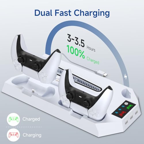 PS5 Cooling Station, LHFDIAN PS 5 Pro Stand Vertical and 3 Levels Turbo Fan with Dual Charging Station for PlayStation5Pro/Slim, PS 5 Accessories Kit, Headset Holder for PS 5 Digital/Disc-White - color: White