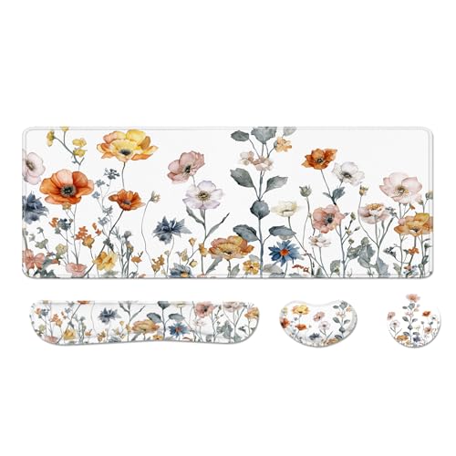 Desk Pad and Keyboard Wrist Rest, Large Mouse Pad + Keyboard Pad+Mouse Wrist Support, Non-Slip Desk Mat Protector for Office, Home 31.5×11.8 Inches Cute Floral - color: Cute Floral