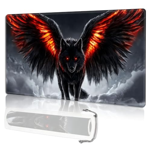 for MTG Playmat TCG Card Game Mat with Stitched Edges,Board Game Mats Non-Slip Waterproof Rubber Base 24 x 14 inch for CCG RPG DTCG Trading Card,Dark Wolf Wings - color: Dark Wolf Wings