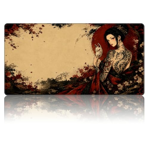 Kitsune Mask Woman MTG Playmat, Card Game Play Mat with Stitched Edges, Smooth Surface Board Game Trading Card Mat, Non-Slip Rubber Base Large Gaming Mouse Pad 24 x 14 Inch - color: Kitsune Mask Woman
