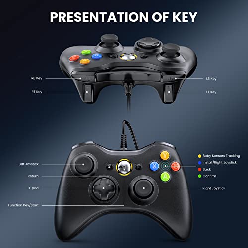 VOYEE PC Controller, Wired Controller Compatible with Microsoft Xbox 360 & Slim/PC Windows 10/8/7, with Upgraded Joystick, Double Shock | Enhanced (Black) - color: Black