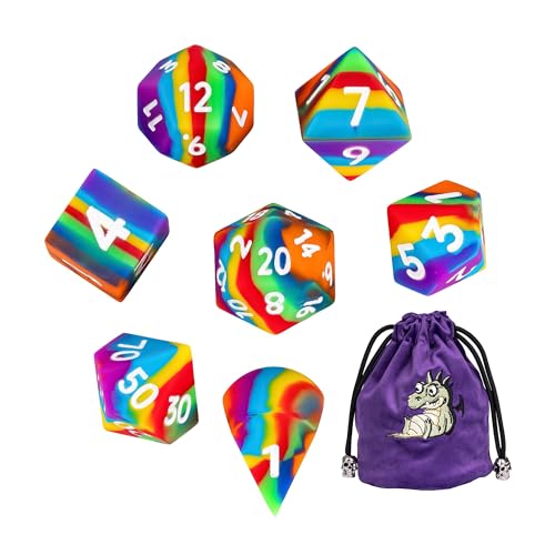 7-Piece Jumbo Silicone DND Dice Set, 25mm Oversized D&D Dice | Round Edges Soft Perfect Bouncer Compatible with Dungeons and Dragons RPG Bar Pub Club Party Games - color: Rainbow W/White Numbers