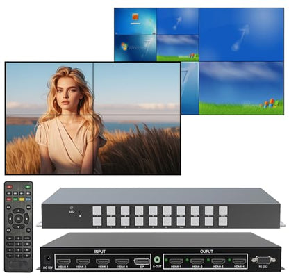ICUIXIAN 4x4 Seamless HDMI Matrix Switch Video Wall Controller 2x2 4K | HDMI2.0, HDCP2.2,18Gbps, Rs-232, Multi-View Display 4x4 HDMI matrix video wall controller 4 input 4 output seamless switching - size: 4x4 matrix video wall