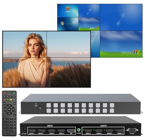 ICUIXIAN 4x4 Seamless HDMI Matrix Switch Video Wall Controller 2x2 4K | HDMI2.0, HDCP2.2,18Gbps, Rs-232, Multi-View Display 4x4 HDMI matrix video wall controller 4 input 4 output seamless switching - size: 4x4 matrix video wall