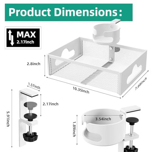 CABTE Desk Cup Holder with Drawer Organizer with 360° Rotation | Anti-Spill Clip-On Table Cup Hook Hidden Storage Box for Office Home Gaming Table (White) - color: White