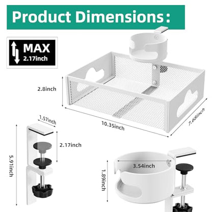 CABTE Desk Cup Holder with Drawer Organizer with 360° Rotation | Anti-Spill Clip-On Table Cup Hook Hidden Storage Box for Office Home Gaming Table (White) - color: White