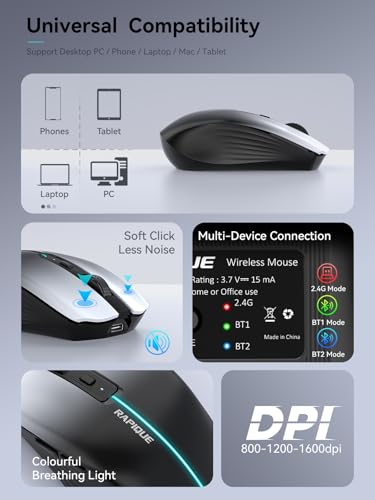 RAPIQUE Bluetooth Wireless Mouse, Dual Bluetooth 5.1 & 2.4G, White to Black | 3-Device Switching, USB-C Rechargeable, Quiet Clicks, 800/1200/1600 DPI, Ergonomic 6-Button for Laptop/MacBook/PC - color: White to Black Gradient