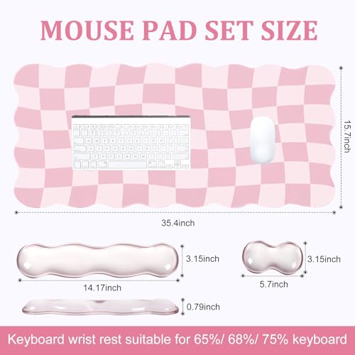 L-SPOUTTO Pink Checkered Mouse Pad Set,Scalloped XXL Desk Mat + Ergonomic Mouse Wrist Rest + Gel Keyboard Wrist Rest for Keyboard 65%/75%,3in1 Large Desk Pad for Desktop Home Office Computer Game - color: Pink Checkered