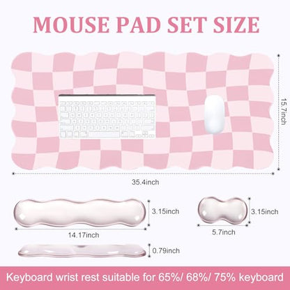 L-SPOUTTO Pink Checkered Mouse Pad Set,Scalloped XXL Desk Mat + Ergonomic Mouse Wrist Rest + Gel Keyboard Wrist Rest for Keyboard 65%/75%,3in1 Large Desk Pad for Desktop Home Office Computer Game - color: Pink Checkered