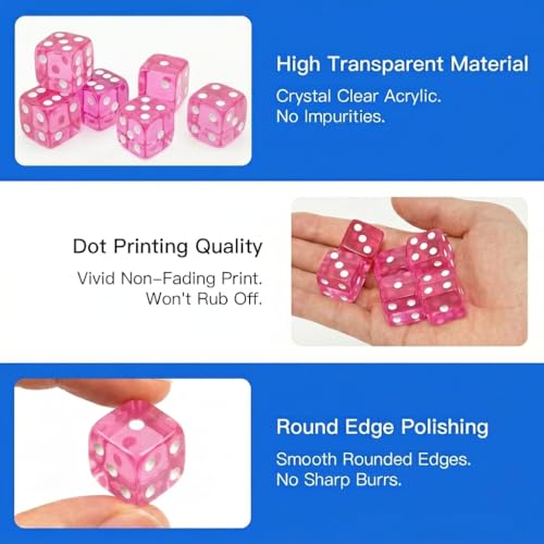 12 Piece 19 mm Casino Style Dice Set, Acrylic Translucent D6 Dice with Square Rounded Edge, Pink for Craps, Table Games, Board Games, RPG, MTG, DND(Pink) - color: Pink