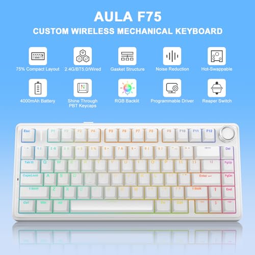 AULA F75 - 75% Mechanical Keyboard, Wireless Gaming keyboard BT5.0/2.4GHz/USB-C, Hot Swappable Custom Pre-lubed Switches with Knob, RGB Backlit Shine-Through PBT Keycaps Creamy Sounding Keyboard - color: White