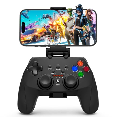 ISHAKO Mobile Game Controller with Stand for PC Windows/Android/iPhone, 360° joystick with 2.4G receiver, phone holder, USB-C charging prot, Mobile Game Controller - Black