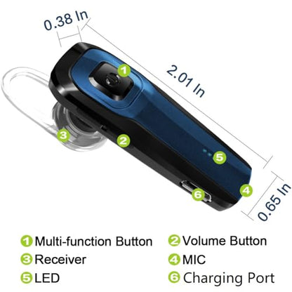 TOORUN Bluetooth Earpiece, M26 Bluetooth Headset Handsfree V5.0 Wireless Earpiece Headphone with Noise Reduction and Microphone Compatible for Android iPhone Cell Phone Laptop - Blue