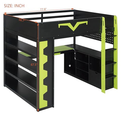 Merax Gaming Loft Bed with Integrated Desk & RGB LED Lights, Pro-Gamer Bed with Power Outlet, Large Bookshelf, Pegboard, Keyboard Tray & Storage Drawer, 3 Colors Available, Full Size, Green
