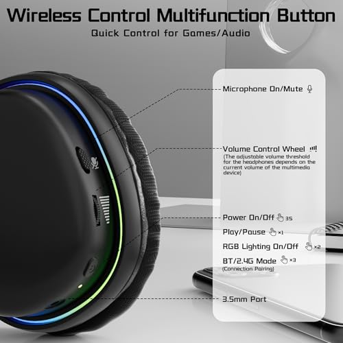 Aula G7 Wireless Gaming Headset, Surround Sound 10ms Low Latency, PC Headset with Detachable Noise Canceling Mic, 40mm Driver, Tri-Mode 2.4G/BT5.2/Wired 3.5mm, Over Ear Headphone for PS5, PS4, Switch - color: Black