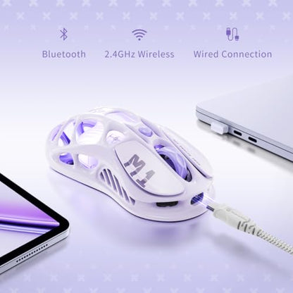 GravaStar Mercury M1 Pro Gaming Mouse, Lightweight Magnesium Alloy, 26,000 DPI, PAW3395DM Sensor, 5 Programmable Buttons, Support Wired/2.4GHz/BT, Up to 200 Hours Battery Life (Lavender Purple) - color: Purple