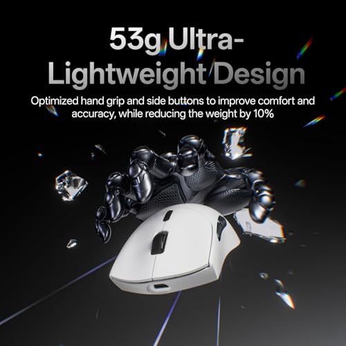 Rapoo VT7 Wireless Gaming Mouse, True 8K Wireless Polling Rate, 53g Lightweight, Up to 750 Hr Battery, Nordic nRF54L15 MCU, 100-Million Mechanical Switch, 10 Programmable Buttons, White - color: White