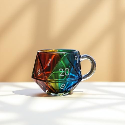 Rainbow D20 Dice Glass Coffee Mug, Cool D20 Dice Glass Coffee Cup, Funny Novelty Coffees Mugs Gifts, Gaming Mug for Board Game Players