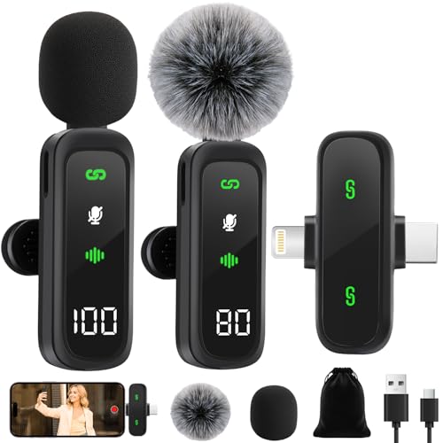 YeenMelly 2-Pack Wireless Lavalier Microphone: for iPhone 15/16, iPad, Android - Mini LED Display, Noise Reduction, Plug & Play, USB-C Charge , Clear Sound - Video/Vlog, Windscreen & Pouch Included
