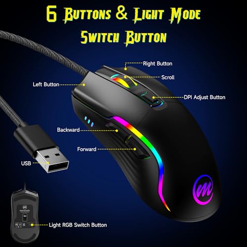 memzuoix Wired Gaming Mouse with RGB - 6 Adjustable DPI up to 12800, 6 Buttons, 12 Lighting Modes, Ergonomic Design with Anti-Slip Rubber Wheel, 5.6ft Braided Cable for PC/Mac/Windows - Black - color: Black