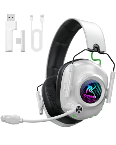 Krysenix Wireless Gaming Headset for PS5 & PC, 50mm Titanium Drivers, Low-Latency 2.4GHz & Bluetooth, Adjustable Noise-Cancelling Mic, Foldable RGB Over-Ear Headphones – White - color: White
