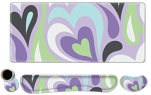 ToLuLu Extended Gaming Mouse Pad, Memory Foam Ergonomic Keyboard Mouse Wrist Rest Support Set, Large Desk Mat with Stitched Edges, Non-Slip Base Mousepad for Home Office Game Study, Purple Hearts - color: Purple Hearts