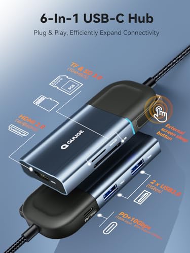 QUUGE USB-C Hub, 6 in 1 4K HDMI Dock, 100W PD, SD/TF Card Reader, Laptops | 100W PD input, 10Gbps data port, SD and TF card access, screen privacy button, aluminum housing, for travel and hybrid work - style: QC601【1 × HDMI + 2 × USB-A + PD 100W + SD & TF