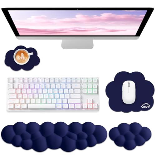 Sushret Cloud Wrist Rest for Computer Keyboard and Mouse Pad Set, Dark Blue | Memory Foam, Leather, 4-in-1 Cloud Keyboard Wrist Rest Set with Ergonomic Support for Arm and Palm Cushion, Gaming/Work Setup - color: 10 Dark Blue Set, size: Tenkeyless