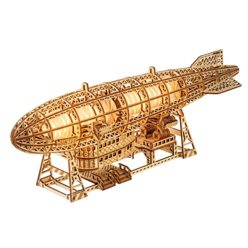 Wood Trick Luminous Zeppelin Dirigible LED 3D Wooden Puzzles for Adults to Build - Moving Propellers & Tail - Includes Wall Mount & Stand - Engineering DIY Project Mechanical 3D Puzzle Model Kits