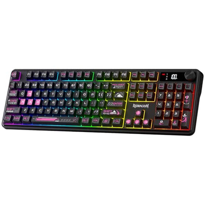 Redragon K526 PRO RGB Wireless Membrane Gaming Keyboard, 104 Keys Mechanical-Feel Keyboard w/LED Info Display, Media/Backlit Knob Control, Smooth Linear Switch & Software Supported - color: Black & Purple