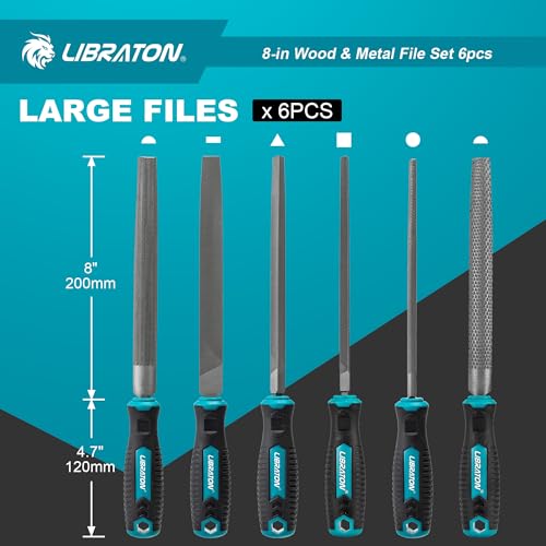 LIBRATON 6PCS Metal File Set, Metal Files, Metal Files for Steel | 5 Metal Rasp Files, 1 Wood File, 8" High-Carbon Steel Files with Rubber Handle, for Metalworking & Woodworking - style: Metal File-6PCS