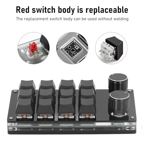 Macro Mechanical Gaming Keypad with 12 Programmable Keys and Dual Knobs for Linux macOS – Compact Wired Red Switch Controller for Gamers Creators and Engineers