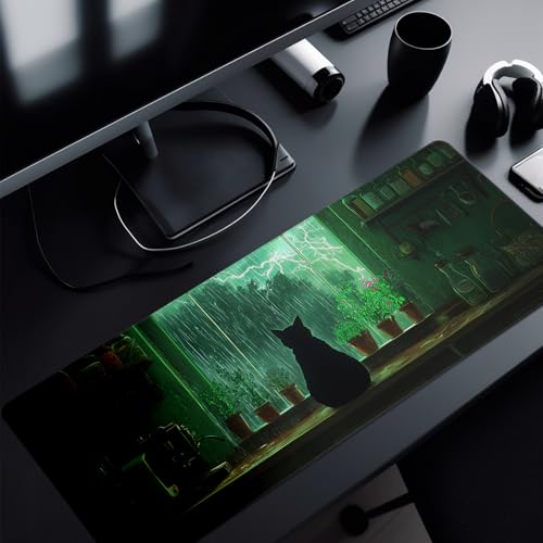 Green Black Cat Mouse Pad Abstract Big Mouse Pad 31.5x11.8 Inch Cat Texture Non-Slip Rubber Base Large Mousepad Stitched Edges Keyboard Mouse Mat Desk Pad for Office and Home - color: Green Black Cat