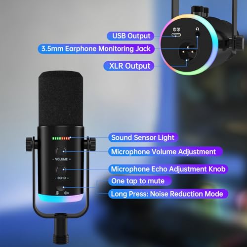 XLR USB Dynamic Microphone for Vocal Recording, Gaming, with Headphone Jack, Volume Control, Mute Button. Cardioid Microphone for Sound Cards, Mixers, PC, MAC (Microphone with Desk Stand) - size: Microphone with Desk Stand
