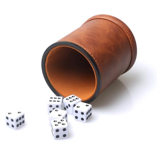 Brown PU Leather Dice Cup Set, Felt Lined Dice Shaker with 6 Dice for Liars Farkle Yahtzee Game - color: Patterned Brown