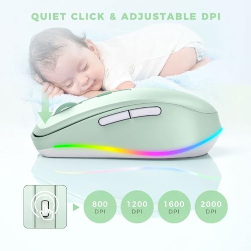 PEIOUS Wireless Mouse Jiggler - Keep Computers Awake, Light Green | Rechargeable LED Mouse, Silent Clicks, Adjustable DPI and Random Movement Keep Computers Awake for Laptop/PC/Mac - color: Light Green