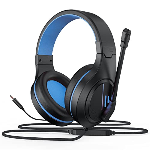 Anivia MH601 Blue Headphones with Microphone Wired Headset with Active Noise Canceling Microphone, 3.5mm Audio Jack Stereo Headphone (Game/Work/School) - color: Blue